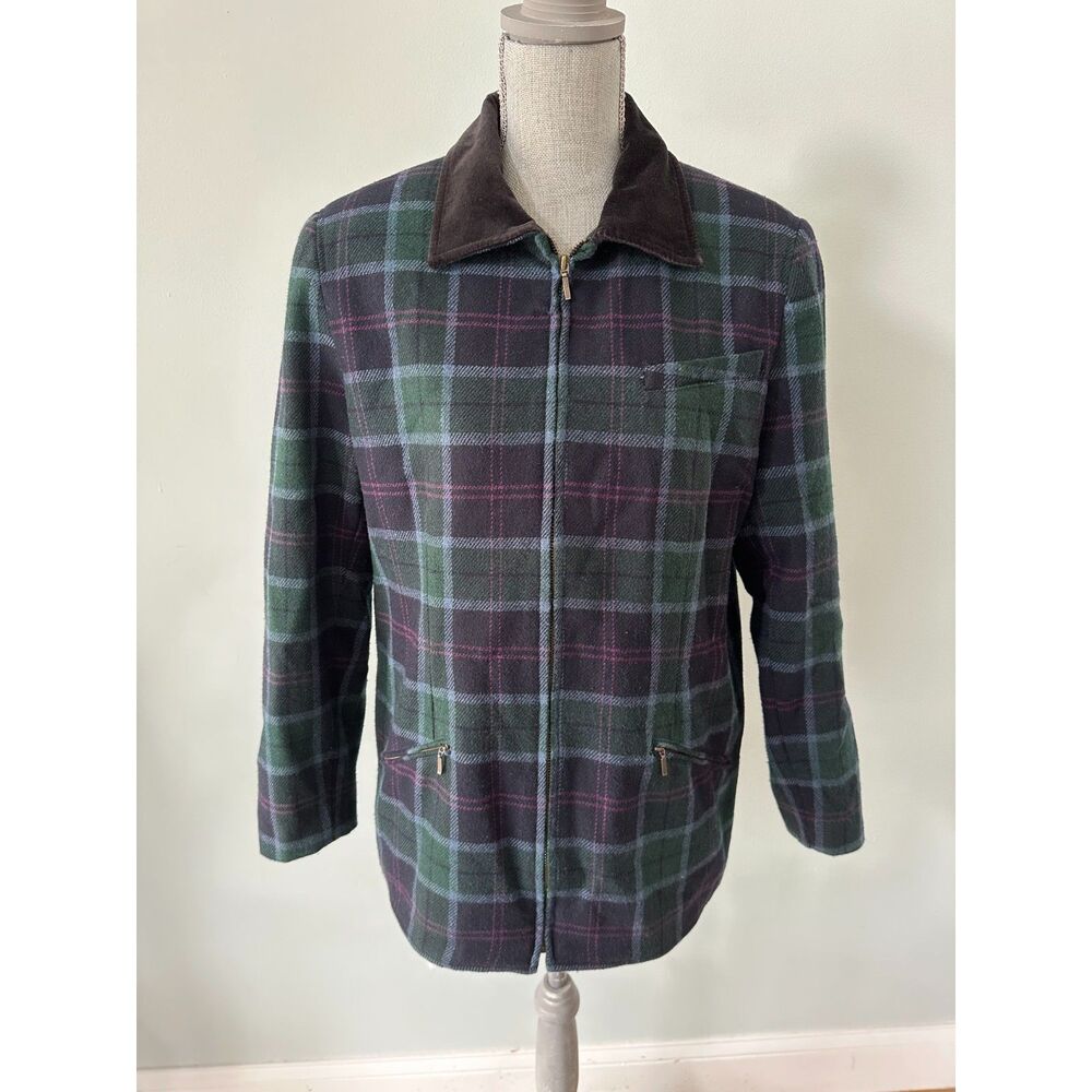 Vintage Plaid Wool Blend Zip Up Barn Jacket Green Purple Tartan Velvet Collar M